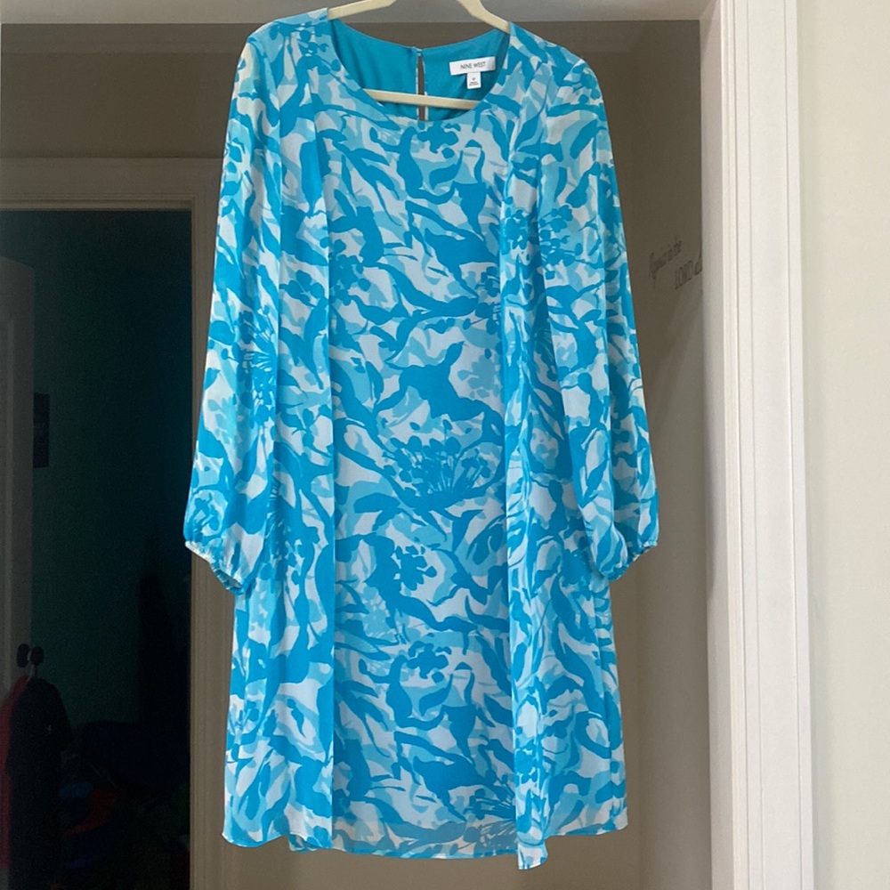 Women’s Nine West Flowy Lined Blue Modern Abstract Graphic Blouson Dress - Sz 12